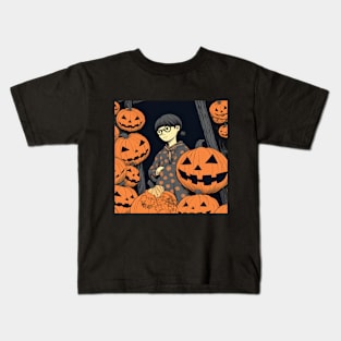 Halloween Sad Girl in eyeglasses with Pumpkin Kids T-Shirt